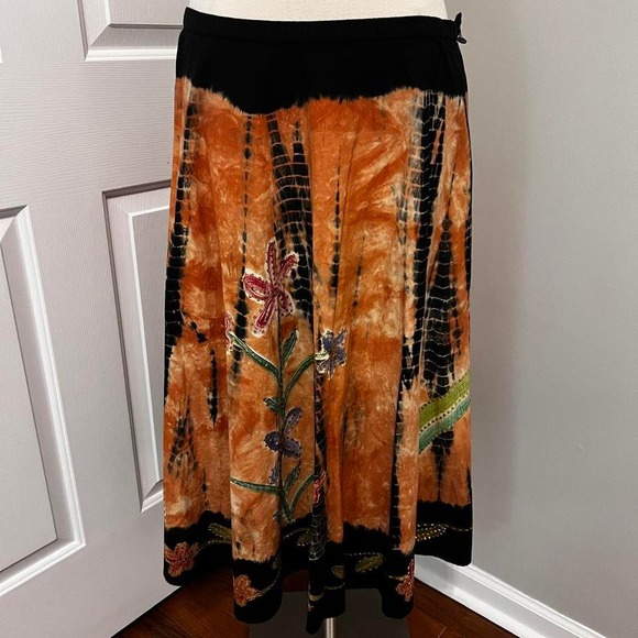 ORANGE AND BLACK FORBIDDEN TIE DYE SEQUIN FLORAL MAXI SKIRT‎ - Picture 1 of 8